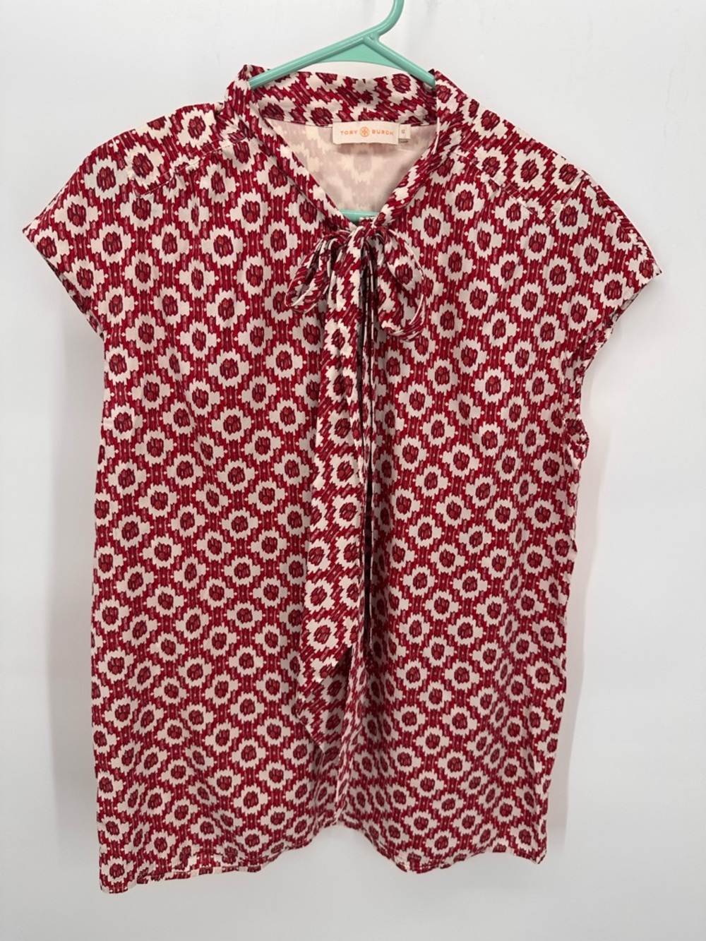 Tory Burch Silk Red/White Printed Tie-Neck Cap Sleeve Top Sz 12
